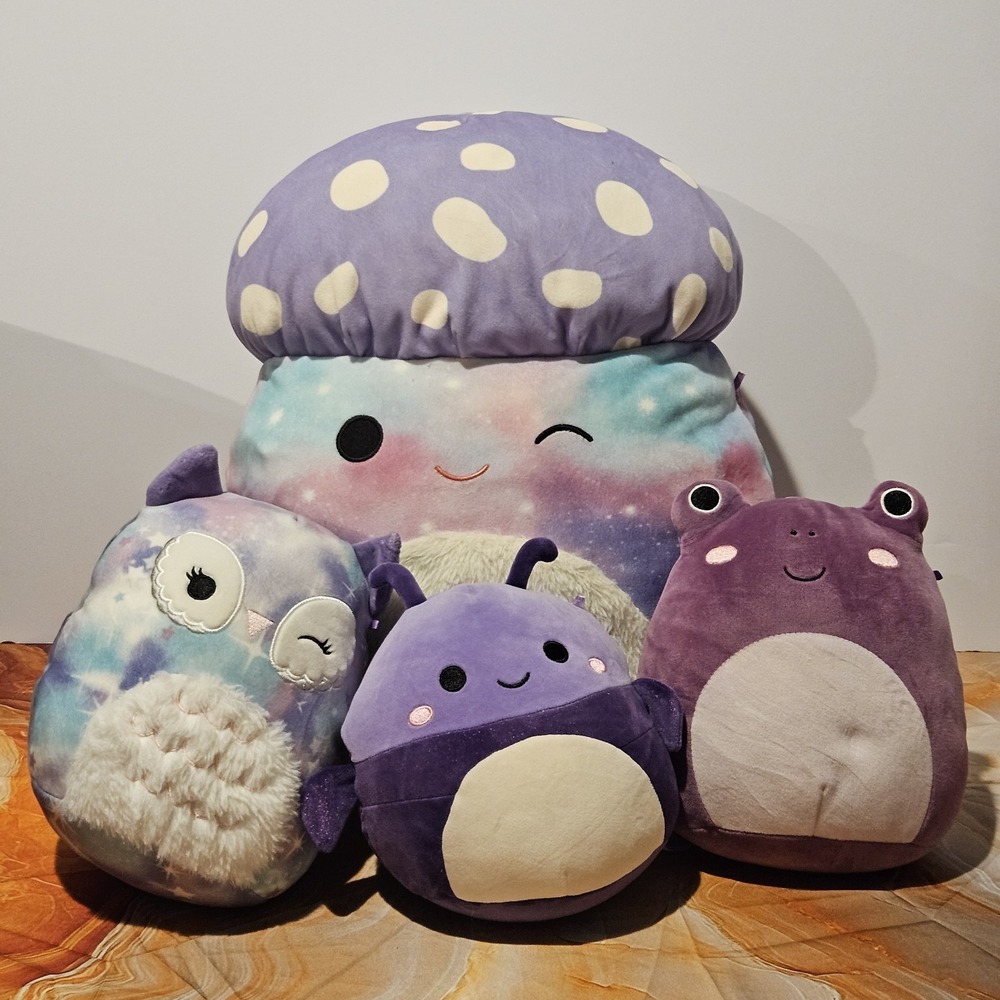 Squishmallows Purple Plush Lot of 4 Mushroom Owl Bee Frog Mixed Sizes